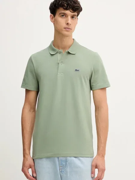 Тениска с яка Lacoste кафяво с изчистен дизайн зелено