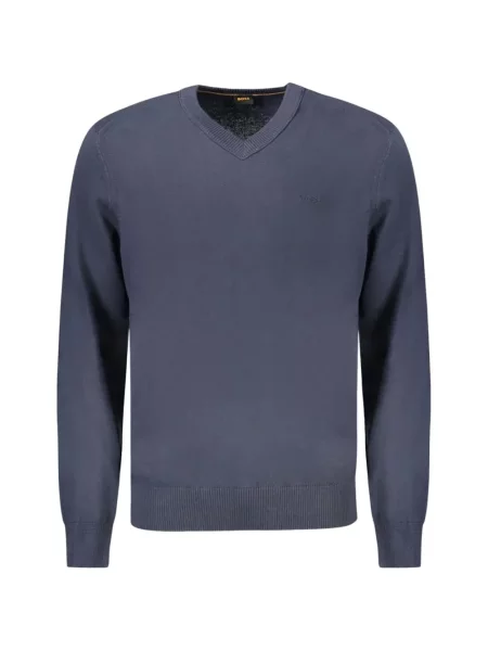 Pulover Boss cu broderie cu decolteu în V albastru