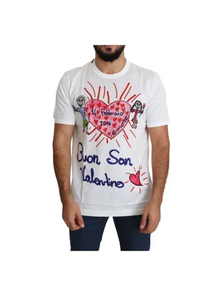 Lniana koszulka Dolce And Gabbana z nadrukiem z okrągłym dekoltem biała