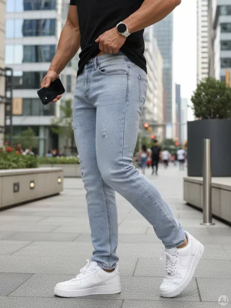 Jeansy slim fit z przetarciami jasnoniebieskie Dstreet
