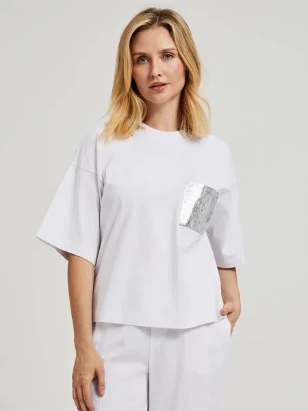 Tricou Moodo cu paiete alb