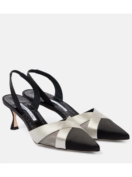 Satenaste salonarji Manolo Blahnik z odprtimi petami črna