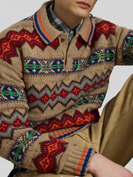 Sweter z czystej wełny z kołnierzykiem polo Ralph Lauren beżowy