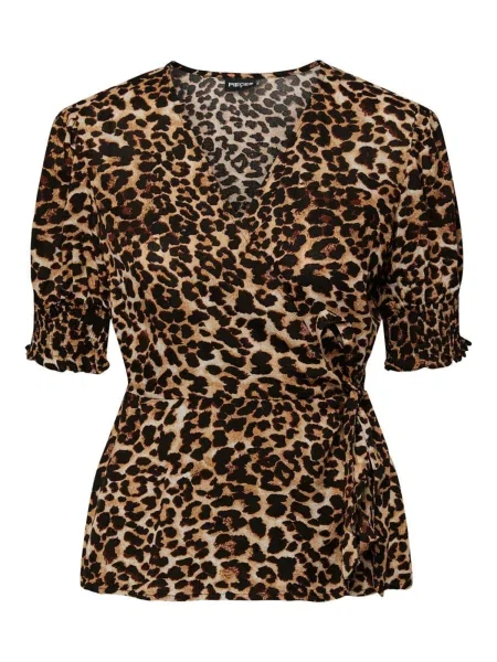 PIECES Bluză TALA bej / maro negru