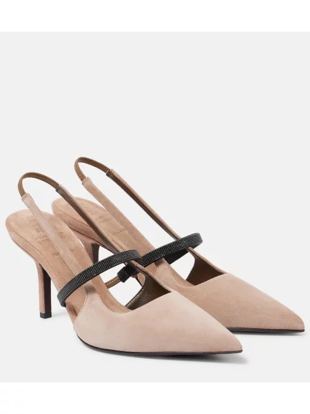 Pantofi cu toc Brunello Cucinelli din piele de căprioară slingback