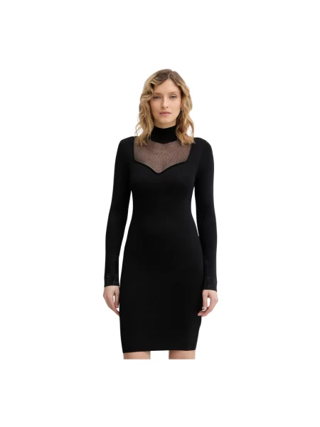 Sukienka o kroju slim fit z mieszanki z obszyciem ozdobnymi kamieniami model ‘Lucy’ Guess czarna