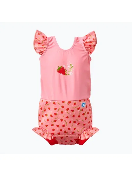 Gyermek egyrészes fürdőruha pelenkával Splash About Happy Nappy Frills epres mezőn. Méret: M rózsaszín