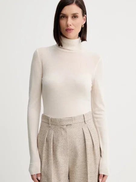 Simona Corsellini sweter wełniany lekki z golfem beżowy