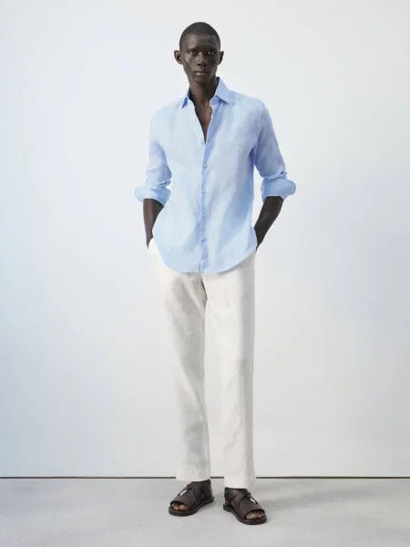 Koszula slim fit z lnu Mężczyzna L MANGO MAN błękitny