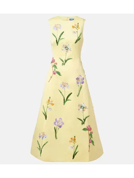 Rochie midi Leo Lin cu model floral până la genunchi cu mărgele galben