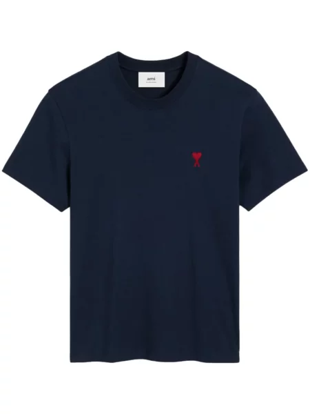 Haftowana koszulka Ami Paris prążkowana niebieska