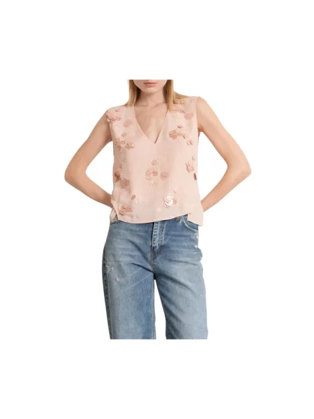 Top Kaos z cekinami z dekoltem w serek beżowy