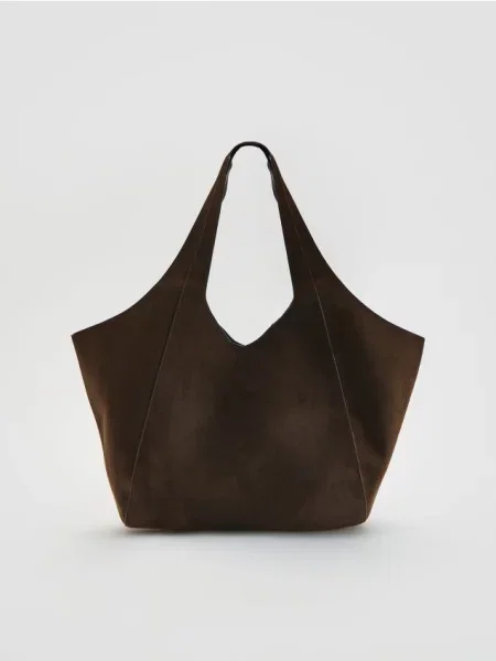 Reserved Geantă shopper din imitație de piele întoarsă maro-închis maro