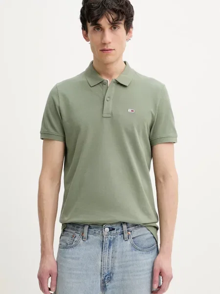 Тениска с яка Tommy Jeans с изчистен дизайн зелено