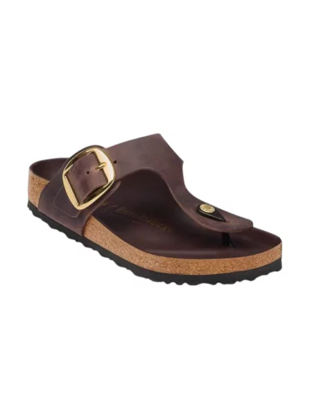 Klapki Birkenstock skórzane na sprzączkę brązowe