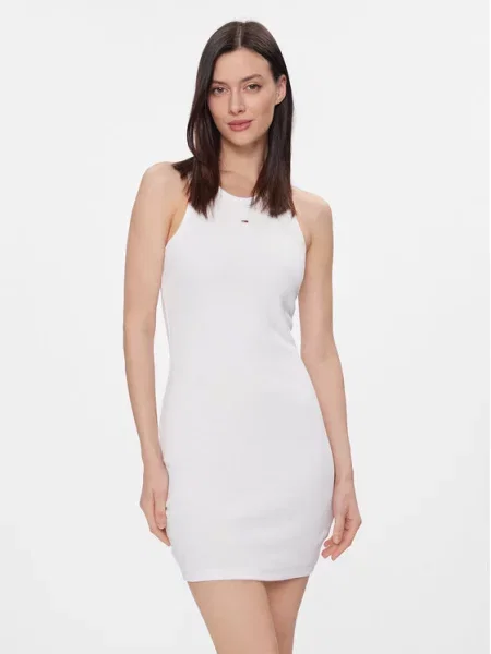 Tommy Jeans Letní šaty Tjw Essential Rib Tank Bodycon Skinny Fit bílá
