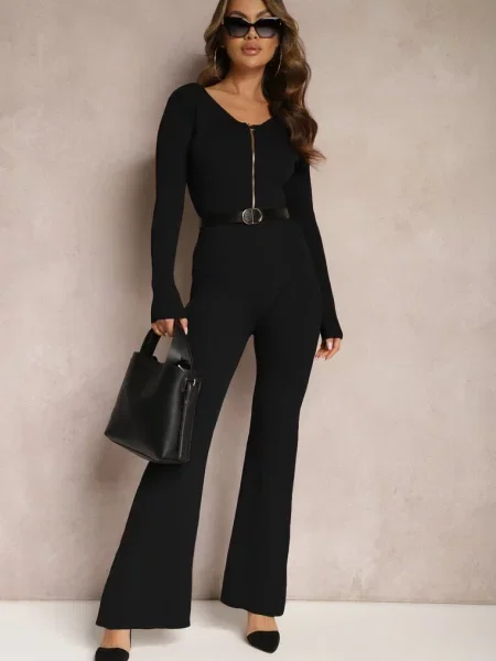 Kombinezon Bodycon z Prążkowanej ze Spodniami Typu Dzwony i Suwakiem Lavirna czarny