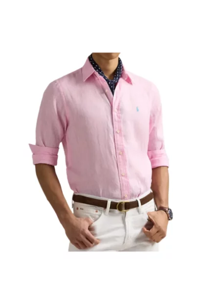 Polo Ralph Lauren Koszule Mężczyzna S lniana koszula sportowa z długim rękawem różowy