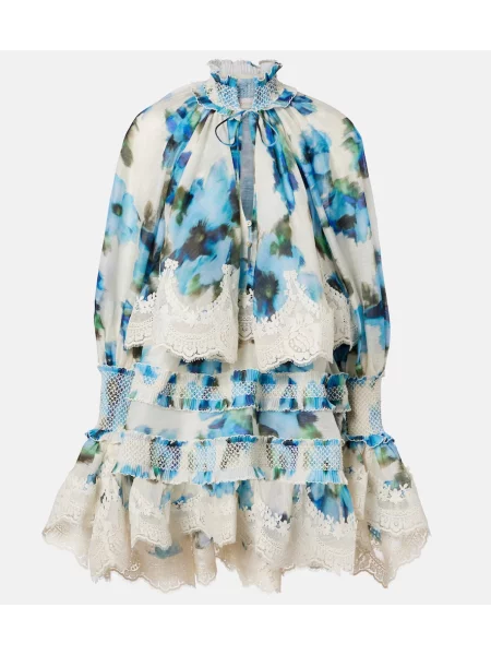 Rochie midi Zimmermann cu model floral din dantelă albastru
