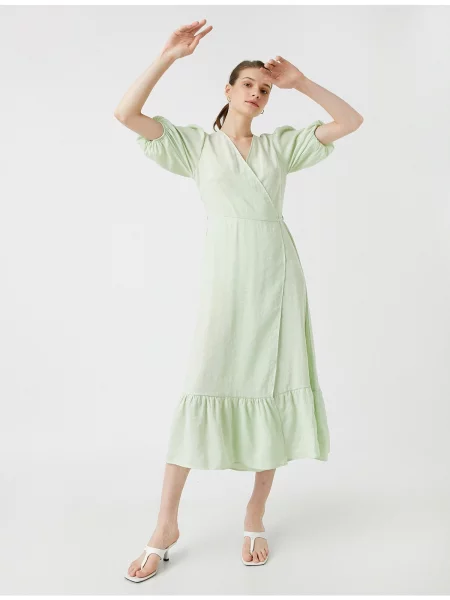 Rochie midi Koton cu decolteu în V din modal cu mâneci balon verde