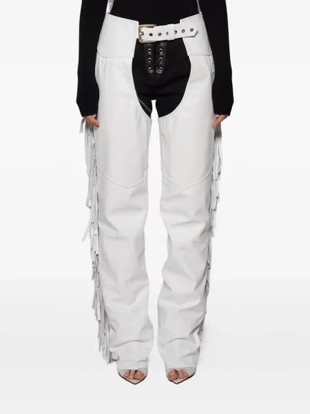 Pantaloni Angelica Montini Studios cu franjuri din piele alb