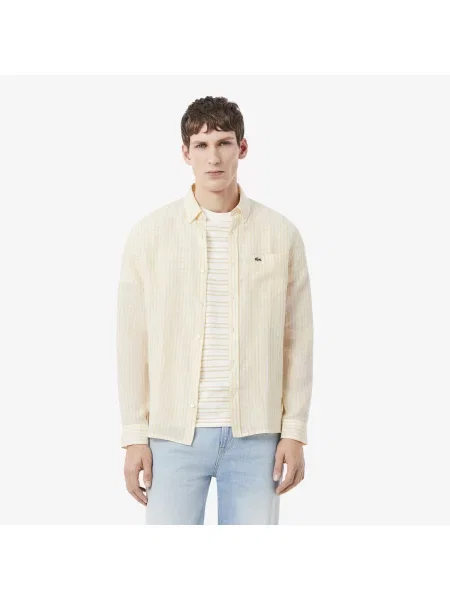 Lacoste Lniana Koszula Button-Down W Paski Regular Fit żółta