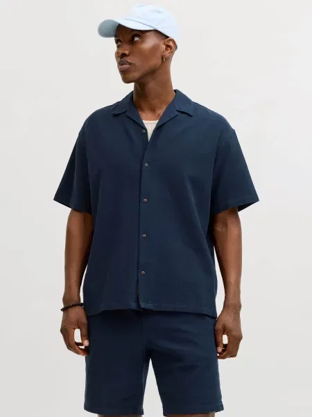 Сорочка повсякденна JACK & JONES GLOBAL WAFFLE RESORT SHIRT темно-синій синя