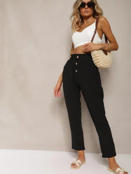 Spodnie Typu Paper Bag High Waist z Gumką w Talii Salvavia czarne