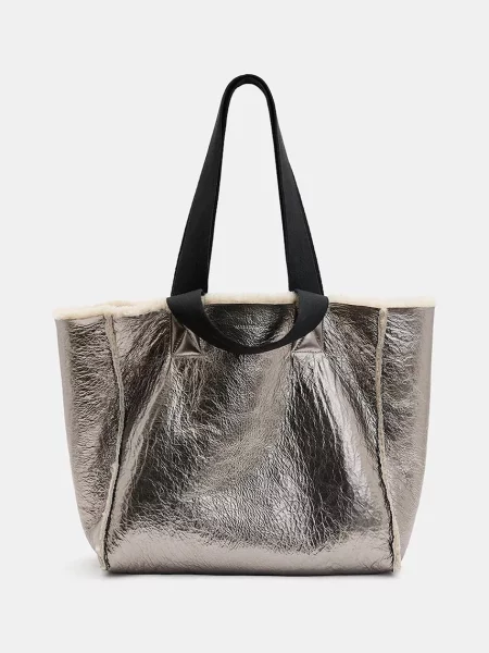AllSaints geantă din piele cu două fețe IZZY SHEARLING maro