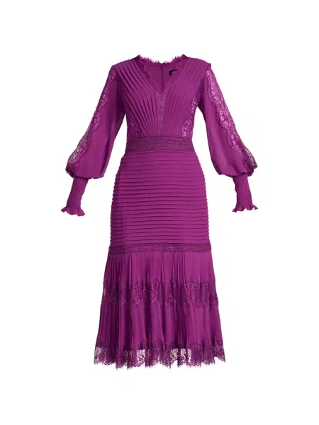 Sukienka midi Tadashi Shoji plisowana koronkowa do kolan fioletowa