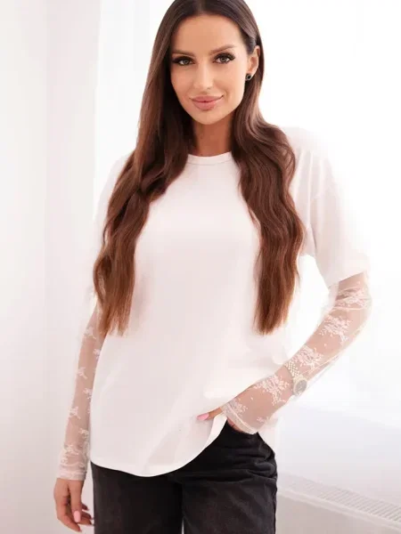Bluză Kesi Włoski din dantelă cu mâneci din dantelă alb