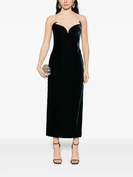 Rochie midi Mugler de catifea fără bretele verde