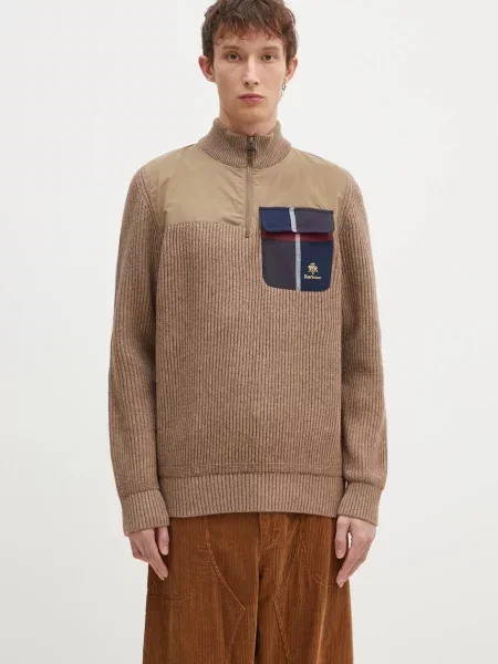 Вълнен пуловер Baracuta Barbour x Baracut Miller Half Zip Knit мъжки от топла материя с поло бежово