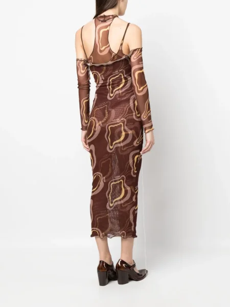 Rochie midi Julfer cu imagine cu imprimeu abstract până la genunchi maro
