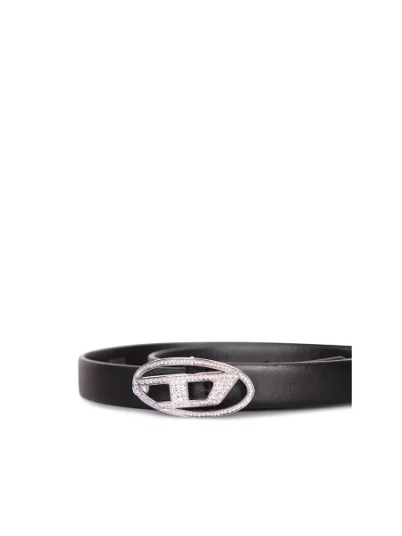 Diesel pasek skórzany OVAL D LOGO STRASS 20 czarny