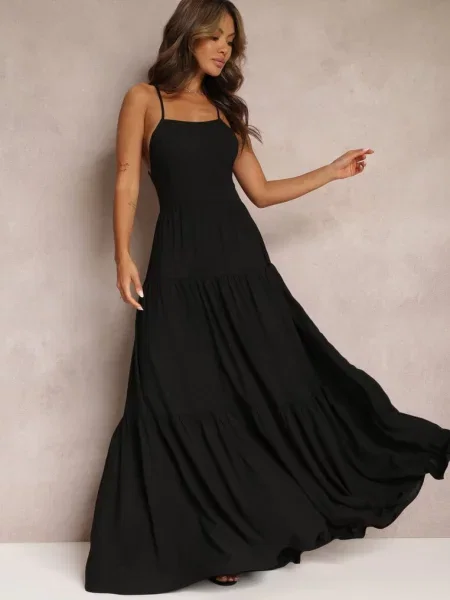 Rochie Maxi Cloș cu Volane și Fundă la Spate Karins neagră