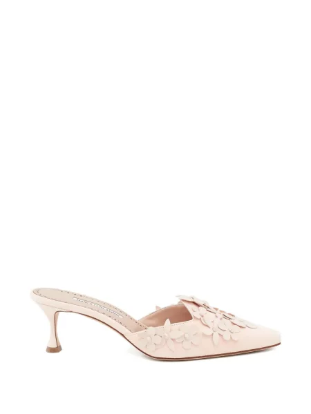 Papuci tip mules Manolo Blahnik din piele de căprioară cu model floral roz
