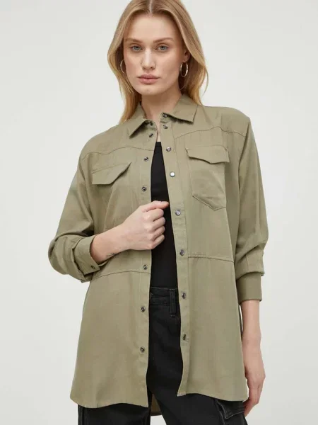 Риза G-Star Raw дамска със стандартна кройка с класическа яка зелено