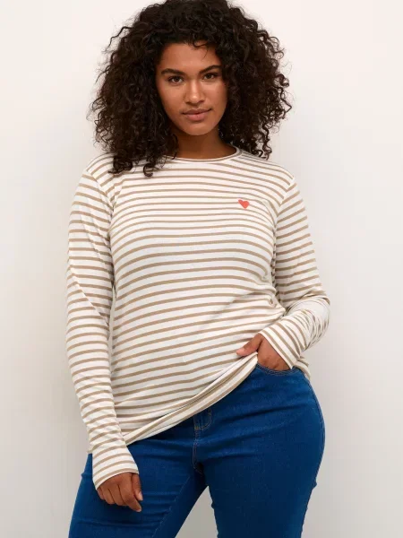 KAFFE CURVE Tričko Lia / olivová / oranžovo červená béžová