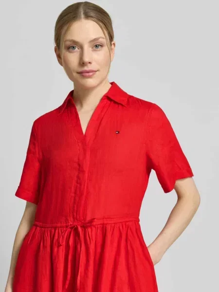 Rozkloszowana sukienka casualowa z czystego lnu Tommy Hilfiger czerwona