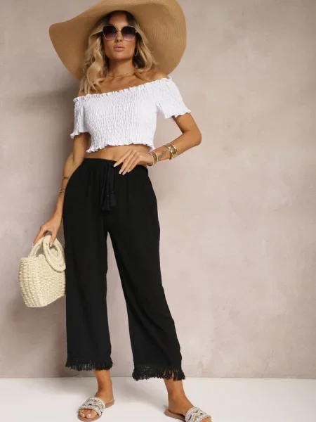 Szerokie Spodnie High Waist z Gumką w Pasie Jolfea czarne
