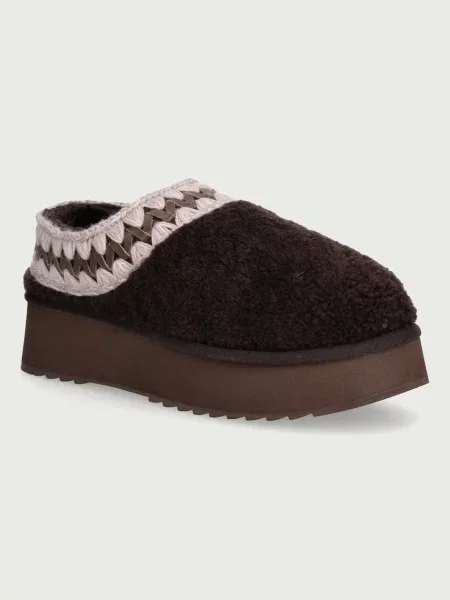 Mou papuci de casă pentru femei Platform Clog Curly Sheepskin maro