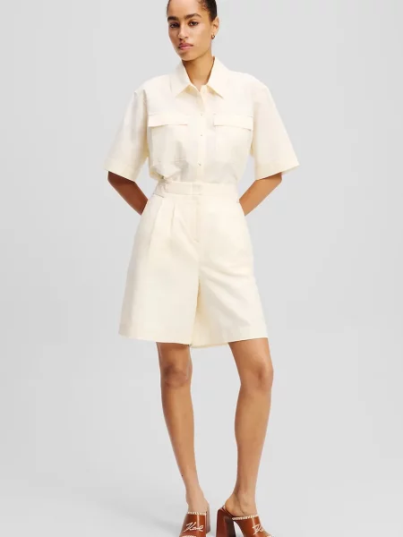 Karl Lagerfeld pantaloni scurți din in femei uni high waist bej