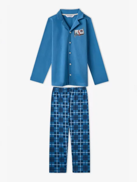 Penti Pidžama set PENTI Jungen Book Lovers kariertes Baumwoll-Pyjama-Set mit Knopfleiste und langem Arm azur