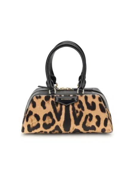Mała torebka skórzana Givenchy Antigona z nadrukiem z nadrukiem zwierzęcym brązowa