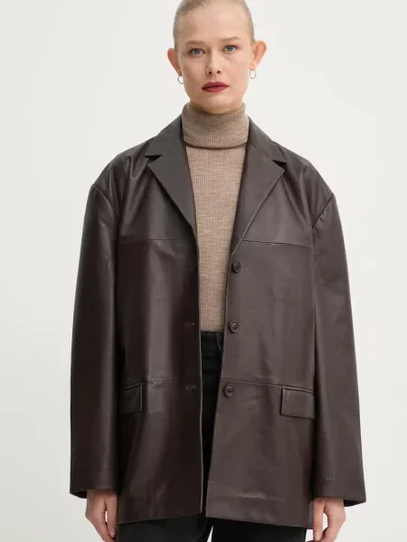 Marynarka skórzana Harrison oversize gładka brązowy