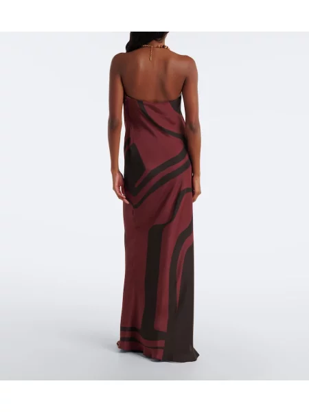 Rochie maxi Sir din satin cu imagine maro