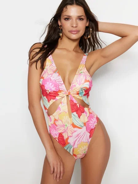 Costum de baie Trendyol cu model floral cu imagine cu decolteu în V portocaliu