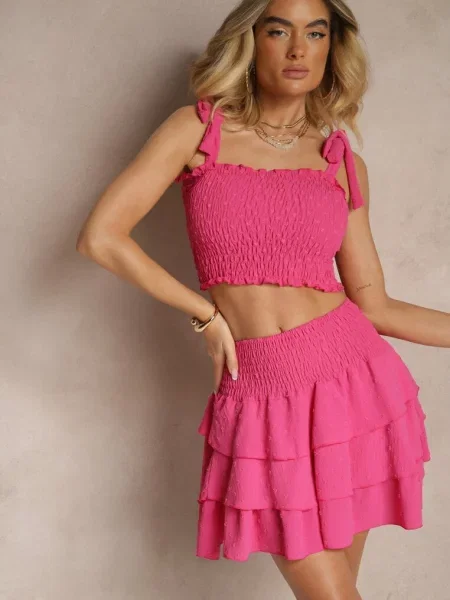 Fuksjowy Komplet Dopasowany Top z Wiązaniem i Spódnica o Rozkloszowanym Kroju Evianea różowa