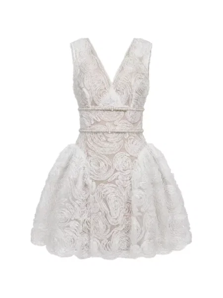Rochie mini Self-portrait cu perle cu model floral din dantelă alb